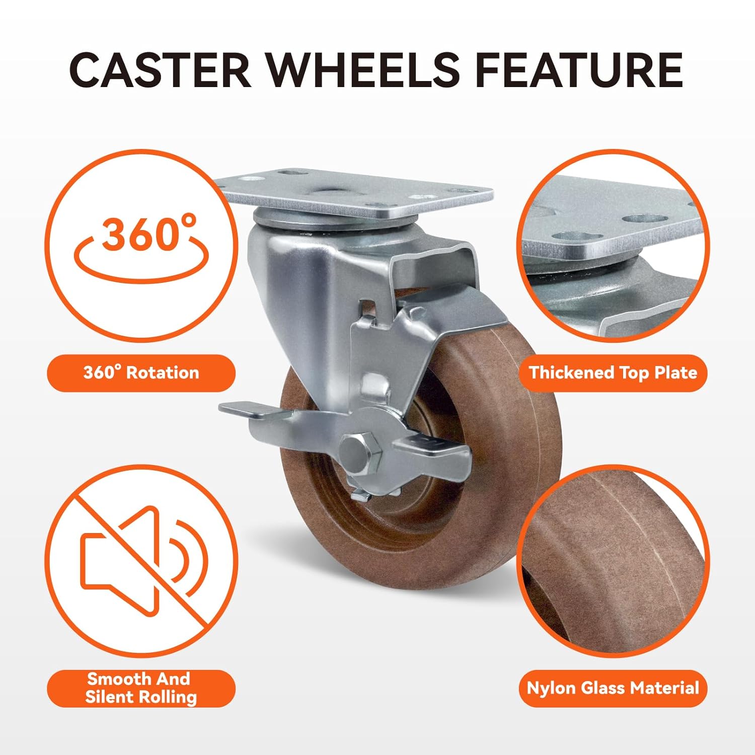 4" Hi-Temp Glass FiIled Nylon Casters, Heavy Duty Casters Set of 4, Industrial Caster Wheels for Commercial Kitchen, Bakery - 2400 lbs Capacity(2 Swivel & 2 Brake)