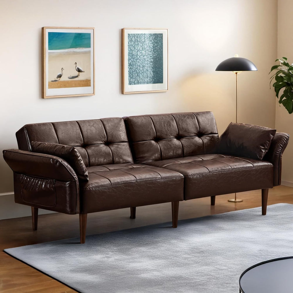 HALLYBEE 85" Futon Faux Leather Couch with Adjustable Armrests Coffee Br...