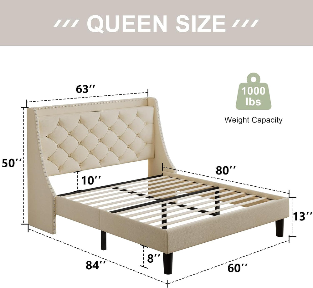 Feonase Queen Bed Frame with Luxury Wingback and Fast Charging Station,Queen ...