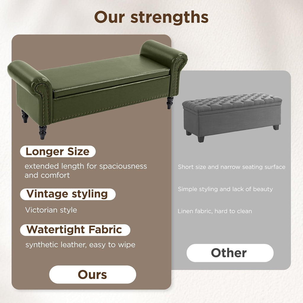 FiveWillowise 64” Storage Benches, End of Bed Bench with Storage,Dark Green | Large Upholstered Storage Ottoman with Tufted, Faux Leather Window Bench with Nailhead Trim for Bedroom, Entryway, Closet