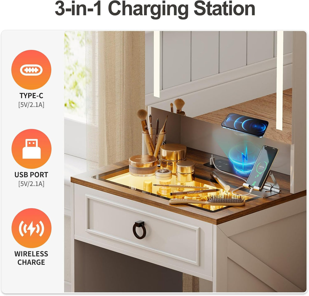 Small Vanity Desk with Mirror and Lights, Charging Station(White) | Makeup Va...