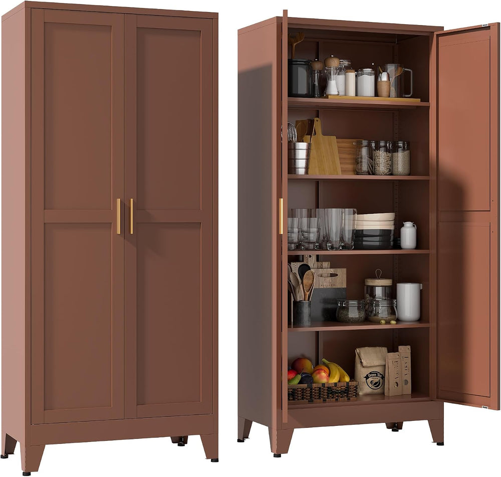 YAUWOH 71''Metal Cabinet with 4 Adjustable Shelves,5-Tier Pantry Stor...