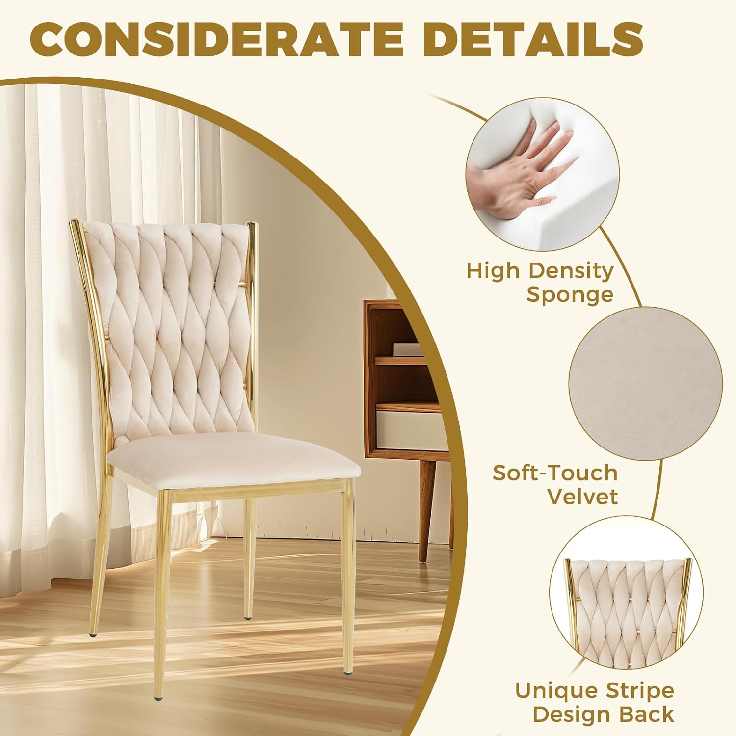 51'' Glass Dining Table Set for 4, Modern Rectangular Dining Room Table with Gold Metal Legs & 4 Upholstered Velvet Dining Chairs, Space-Saving Kitchen Table Set for Small Spaces, Apartment(Beige)