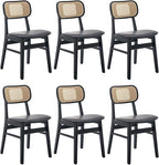 Black Dining Chairs Set of 6 Faux Leather Dining Room Chairs with Rattan Back Farmhouse Kitchen Chairs Wooden Side Chairs