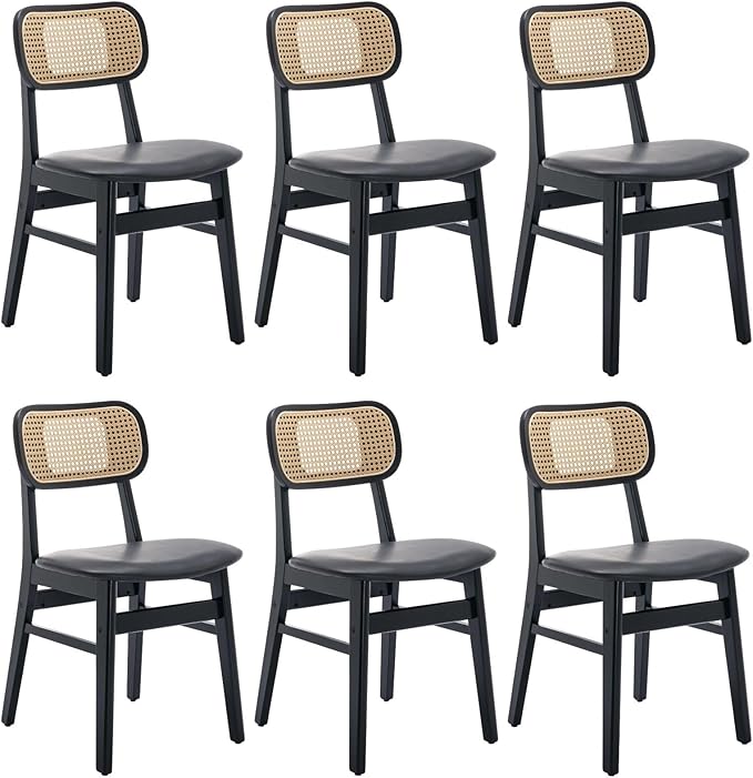 Black Dining Chairs Set of 6 Faux Leather Dining Room Chairs with Rattan Back Farmhouse Kitchen Chairs Wooden Side Chairs