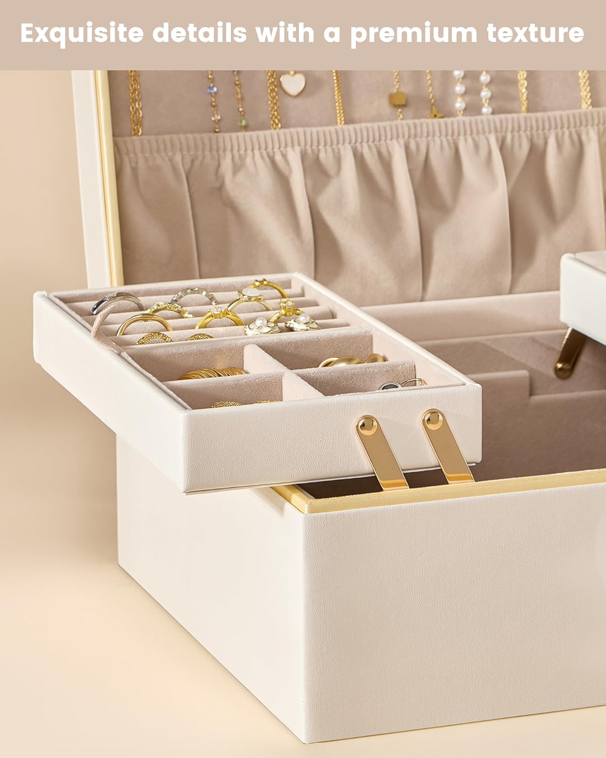 Lolalet Jewelry Box for Women Girls, 2 Layer Jewelry Organizer -Cream | Jewellery Storage Case, Necklace Earrings Rings Bracelets Holder, Cnristmas Birthday Gifts for Mom Teen Girls Daughter