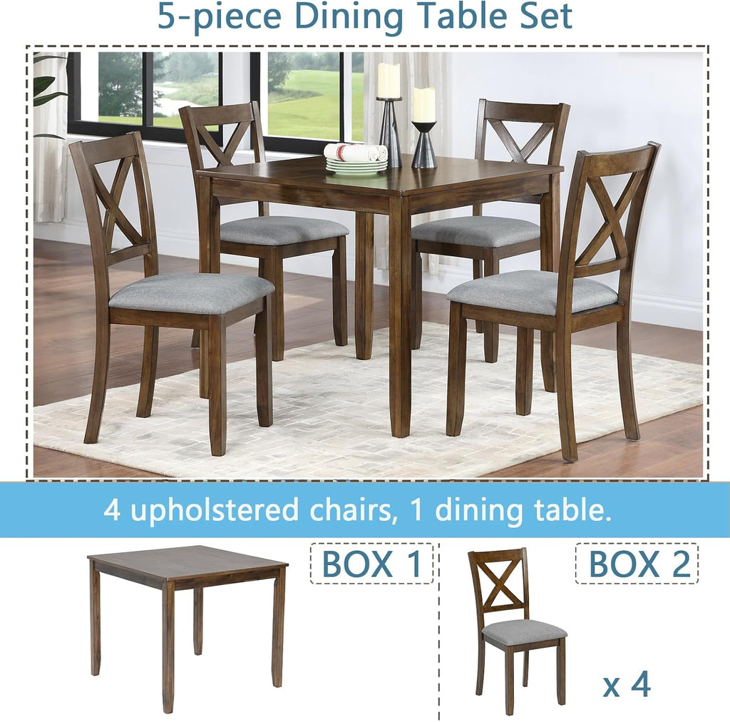 LUMISOL Dining Table Set for 4, Farmhouse Kitchen Table Set with 4 Upholstered Chairs, Wood Table and Chairs Set for Living Room, Kitchen, Dining Room, Walnut