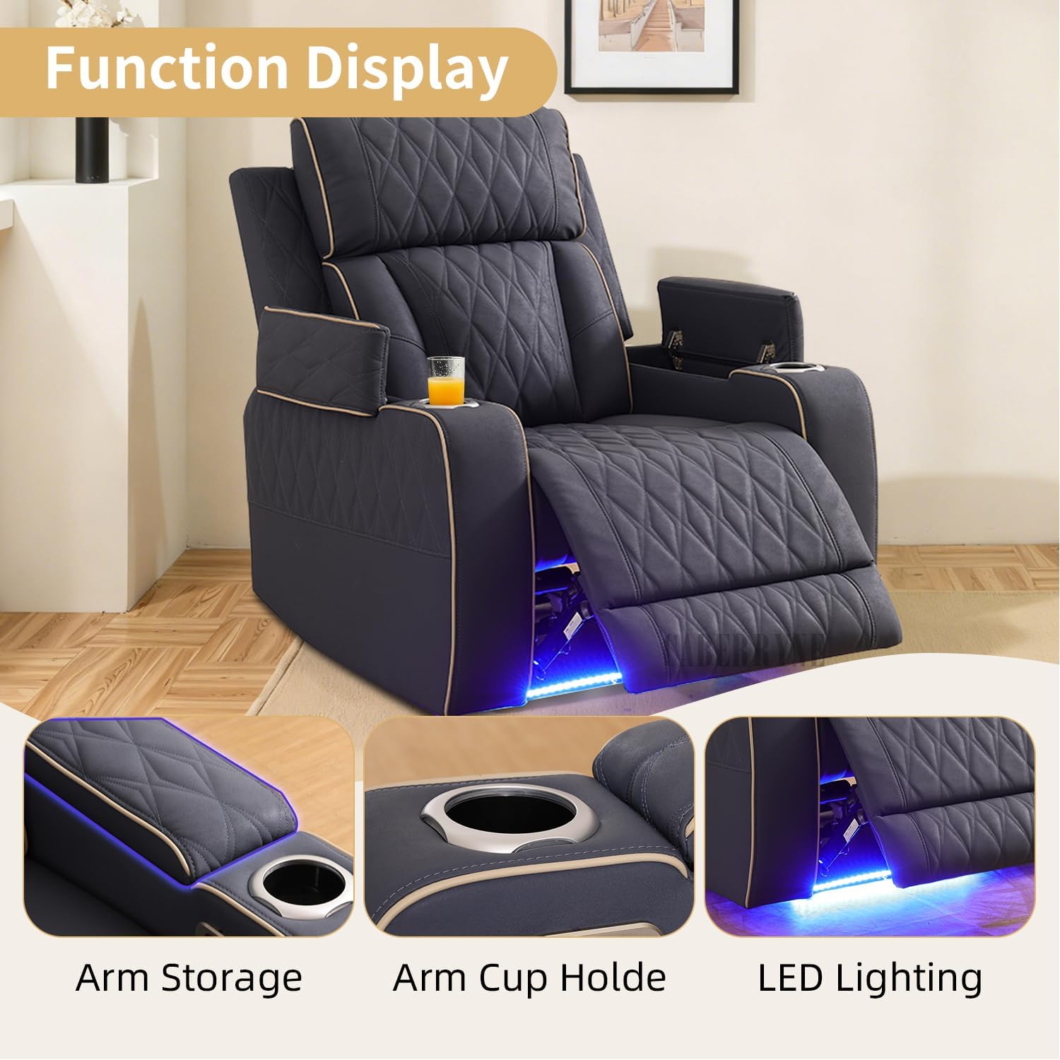 Power Recliner Chair with LED Lights,Leather Reclining Couch with Storage Console/Arm Cup Holder for House/Home Theater/Small Space/Rv(Single Chair,Navy)