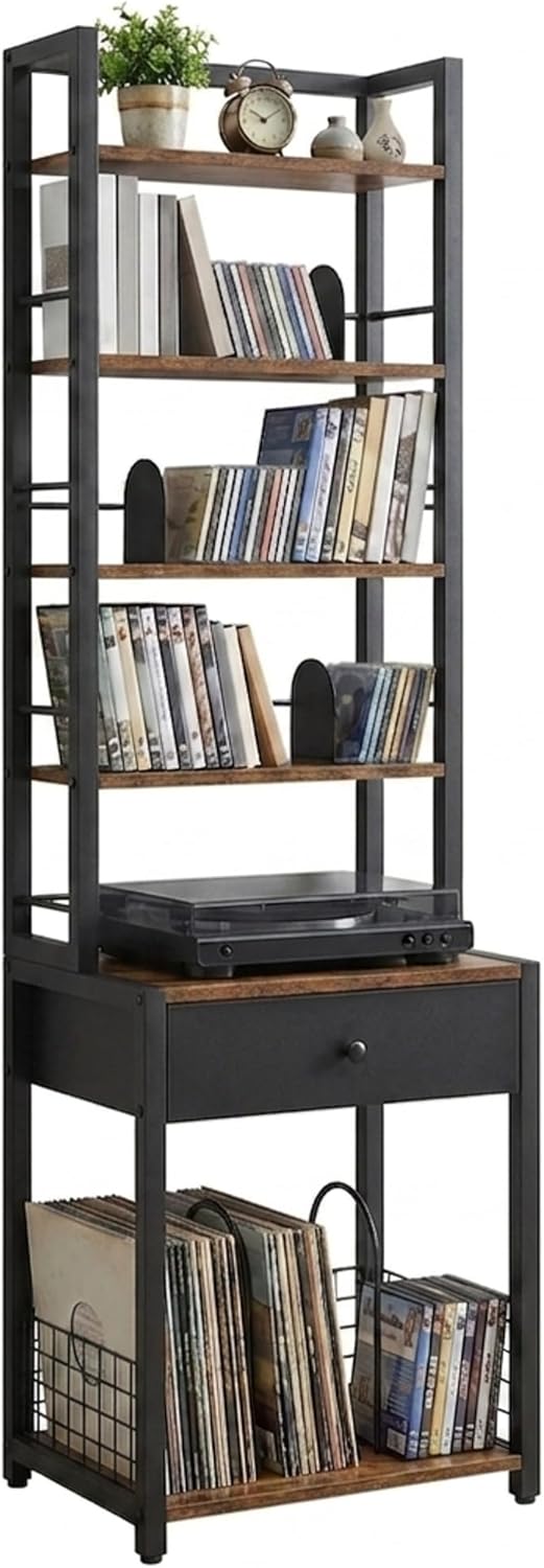 CD Storage Rack, 6-Tier DVD Organizer Shelf with Drawer & Adjustable Book Stoppers, Vinyl Record Holder &Multi-Purpose Media Organizer, Ideal for Living Room/Home Office,15.7x11.8x64.3Inch