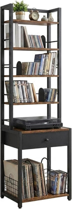 CD Storage Rack, 6-Tier DVD Organizer Shelf with Drawer & Adjustable Book Stoppers, Vinyl Record Holder &Multi-Purpose Media Organizer, Ideal for Living Room/Home Office,15.7x11.8x64.3Inch