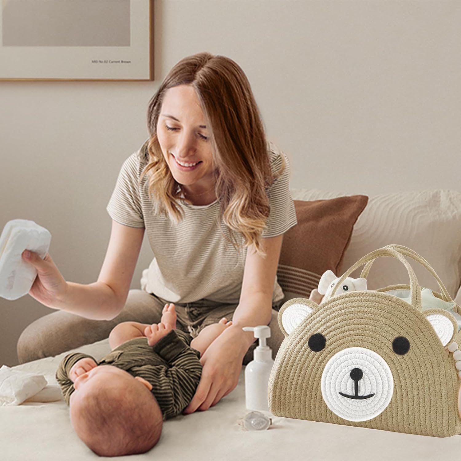 Diaper Caddy Organizer, Cotton Rope Baby Caddy Basket, Nursery Storage Bin | Large Storage Basket, Car Organizer for Diapers and Baby Wipes, Cute Design Gift for Baby Shower, Newborn Essentials