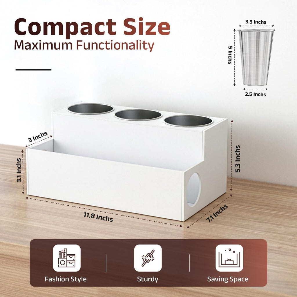 Casavita White Hair Tool Organizer with Heat-Resistant Mat - Durable Acrylic Makeup Organizer Countertop for Blow Dryers, Flat/Curling Irons, & Toiletries - Stainless Steel Cups, Cord Management