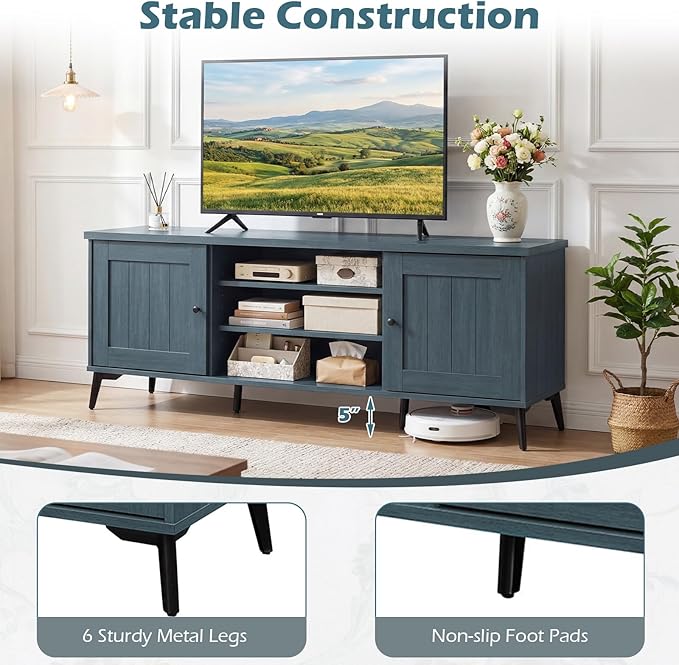 Giantex 2-Door TV Stand for TVs up to 65", Mid Century Modern Entertainment Center with 2 Storage Cabinets & 4 Adjustable Shelves, 6 Metal Legs, Media TV Console Table for Living Room (Teal Blue)