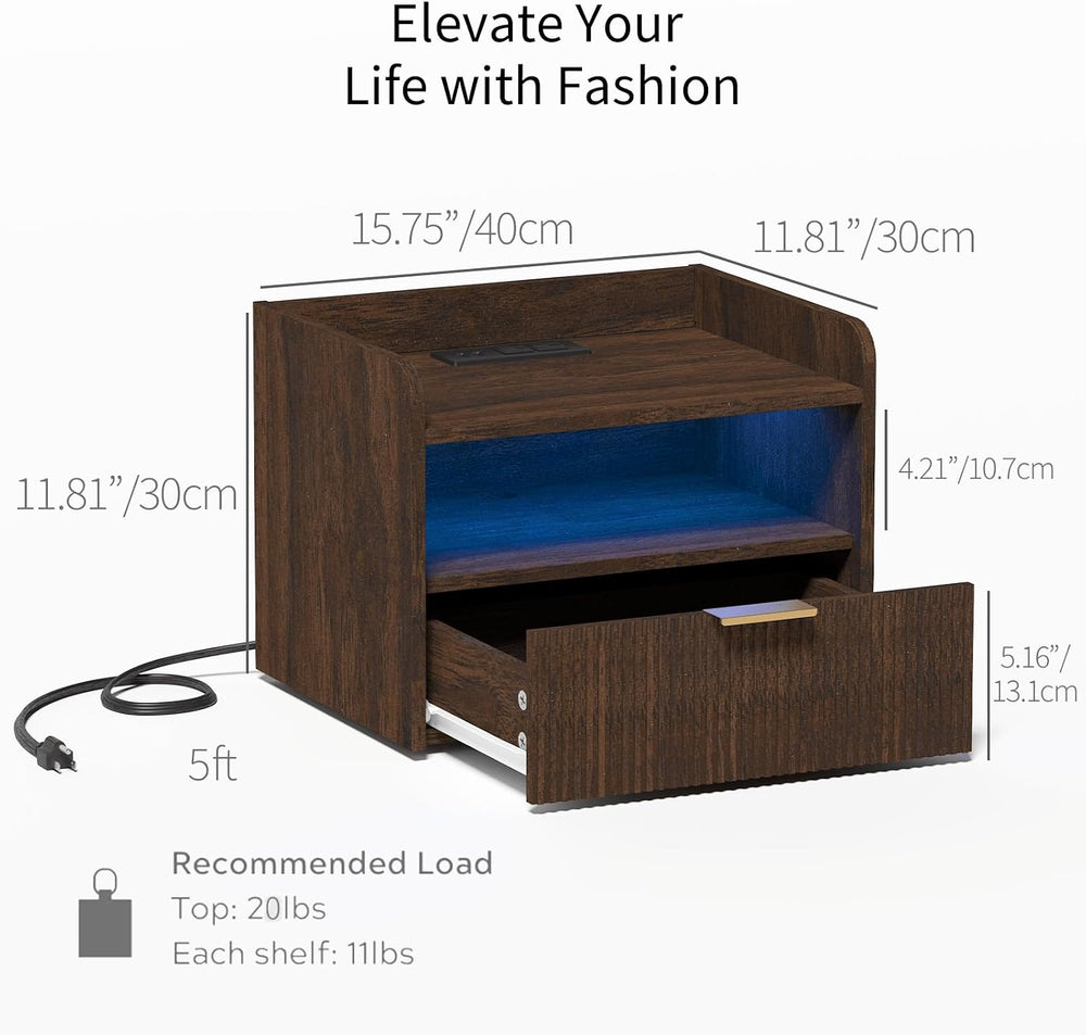 Veegle Floating Nightstand with Charging Station and LED Lights (Walnut Brown)