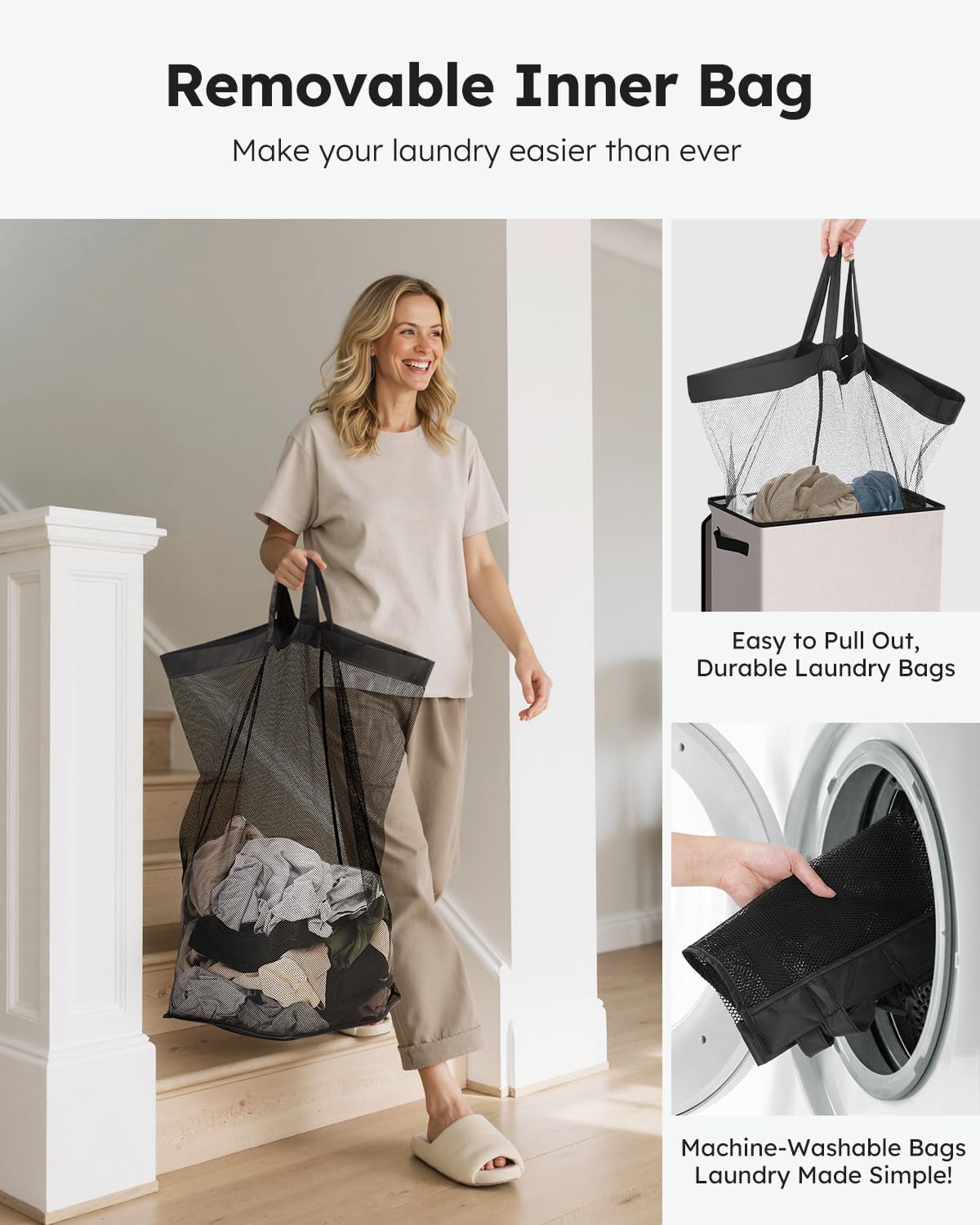 SOLEDI Laundry Hamper with Lid 90L Large & Tall Collapsible Laundry Basket, Clothes Hamper with Bag Removable Easy to Carry, Dirty Hampers for Bedroom, Bathroom, Dorm, College, Light taupe