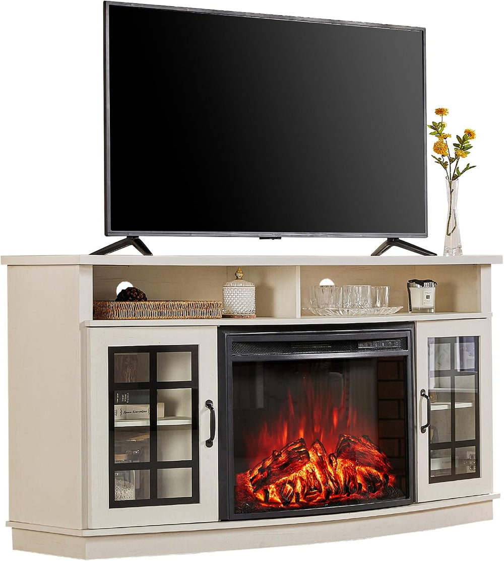 LUXOAK 59" Curved Fireplace TV Stand with Storage Cabinet for TVs Up to ...