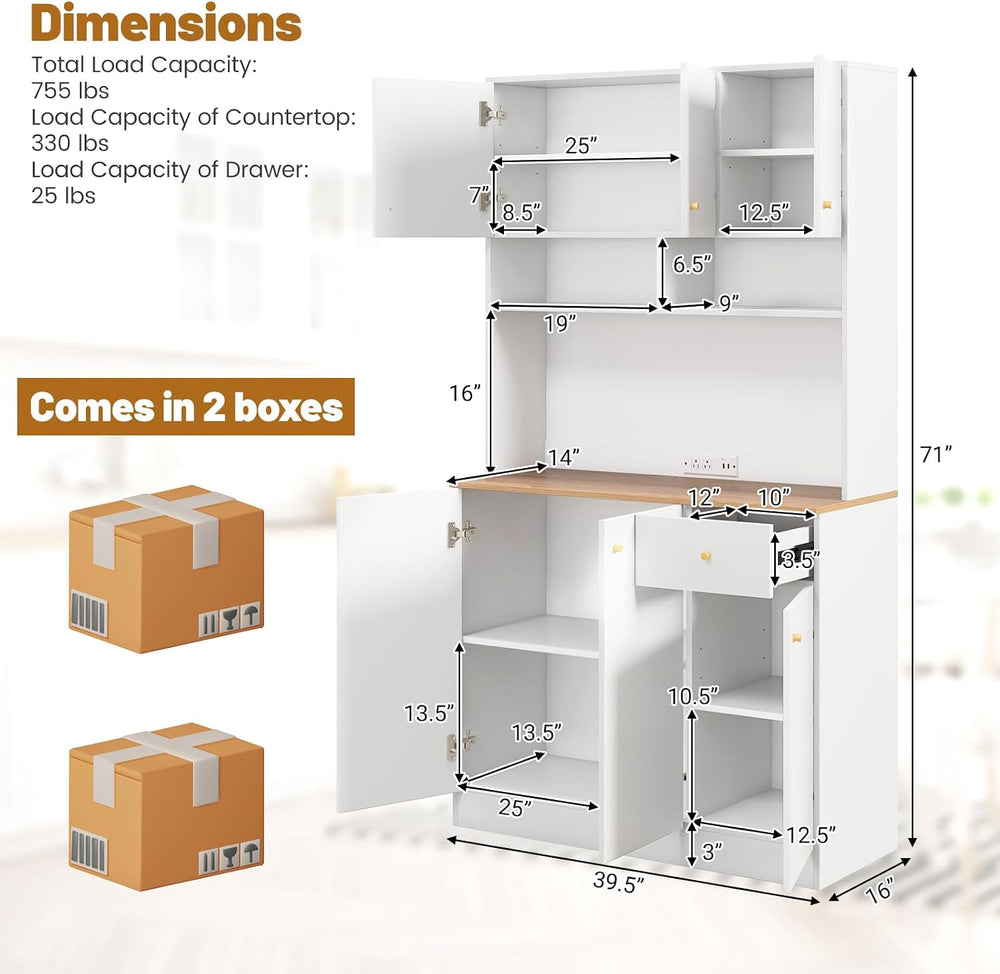 71" Tall Kitchen Hutch, Modern Pantry Storage Cabinet with Power Outlets...
