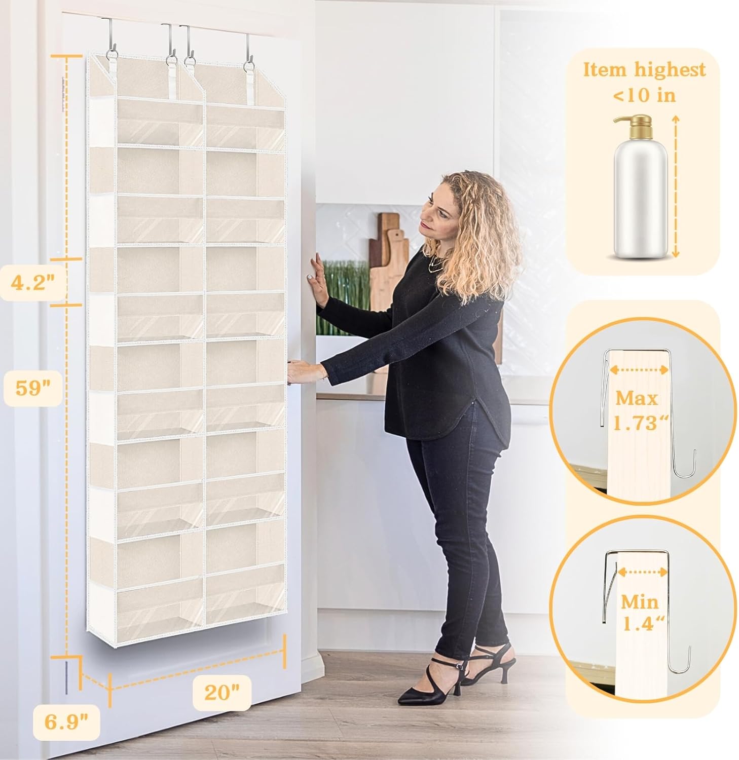 2 Pack Over The Door Organizer 6 Tiers, Extra Large Behind Door Storage of 12 Compartments, 80 lbs Weight Capacity Hanging Storage Organizer with Clear Window Kids Toys,Shoes (6 Tiers - Beige)