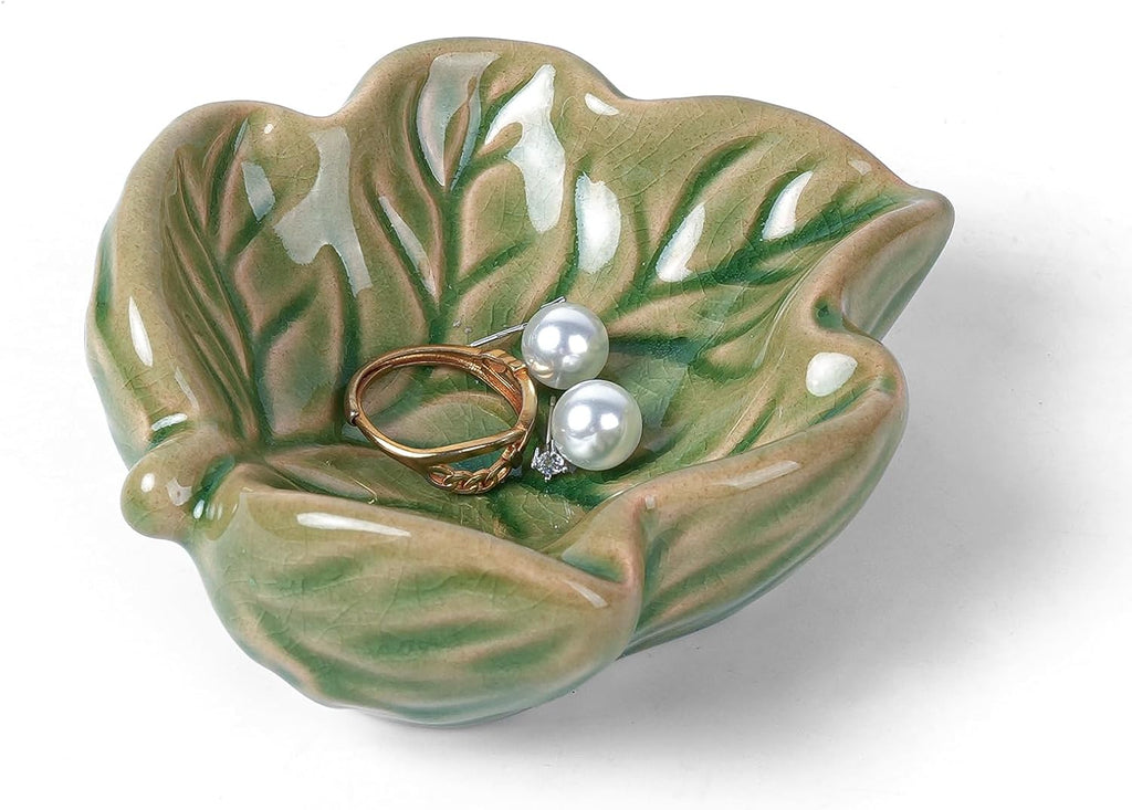 3.5' Green Cute Leave Ceramic Jewelry Tray for Dressing Table | Petite Bowl Keeps Rings, Earrings, Keys, and Keepsakes Visible on Vanities or Dressers, Making a Sweet Gift for Women