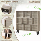 LEYAOYAO 10 Cube Bookshelf,3 Tier Modern Wide Bookcase with Legs,Mid-Century Wood Bookshelves Storage，Retro Grey Large Book Case,Freestanding Organizer Display Shelf for Bedroom,Living Room,Office