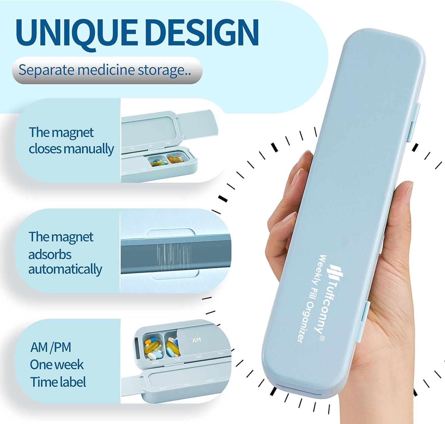 Weekly Pill Organizer - Travel Medicine Organizer, Pill Boxes and Organizer 2 Times a Day, 7 Day Pretty Pill Case, Pill Holder for Vitamins, Medicines and Tablets (Pastel Blue)