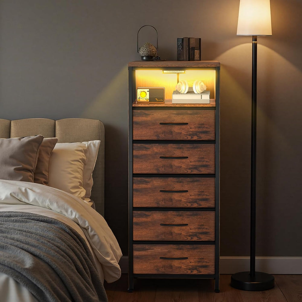 Sweetcrispy Nightstand with Charging Station 5 Fabric Drawers Bedside Table |...