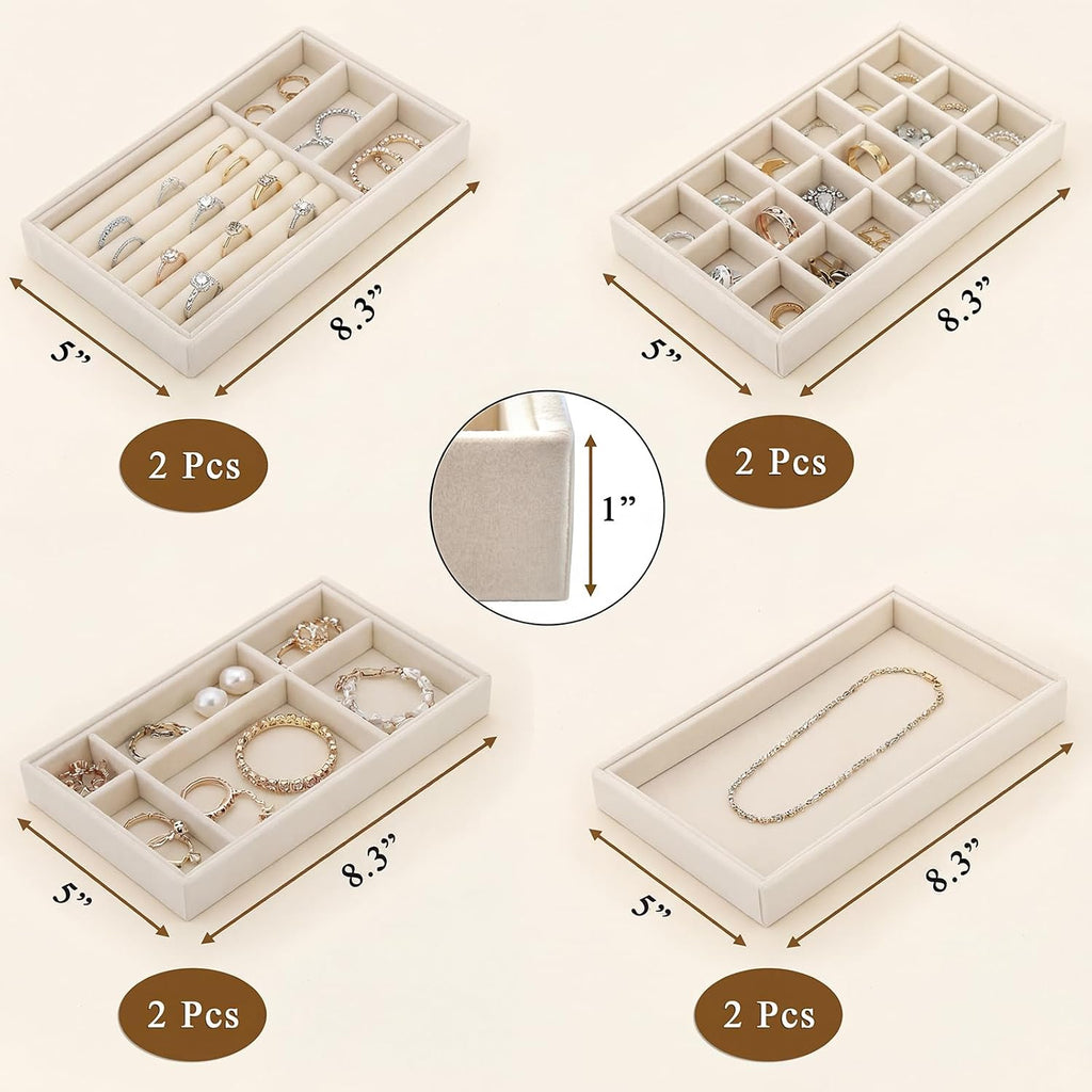 Elsjoy 8 Pack Velvet Jewelry Trays, Stackable Jewelry Organizer Trays for Drawers, Beige Jewelry Storage and Display Tray Inserts for Necklaces, Rings, Earrings