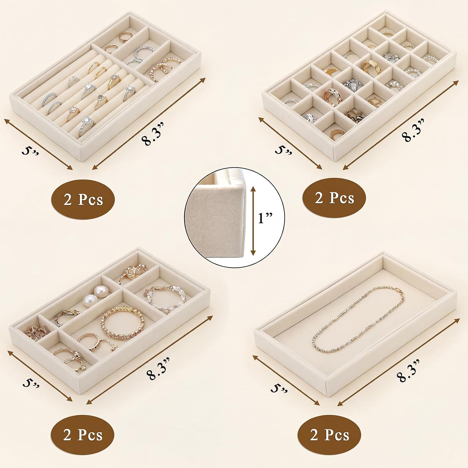 Elsjoy 8 Pack Velvet Jewelry Trays, Stackable Jewelry Organizer Trays for Drawers, Beige Jewelry Storage and Display Tray Inserts for Necklaces, Rings, Earrings