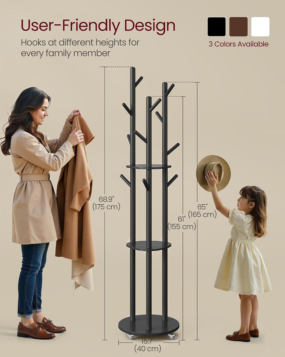 VASAGLE Freestanding Coat Rack Stand, with Wheels, 11 Hooks, 3 Shelves