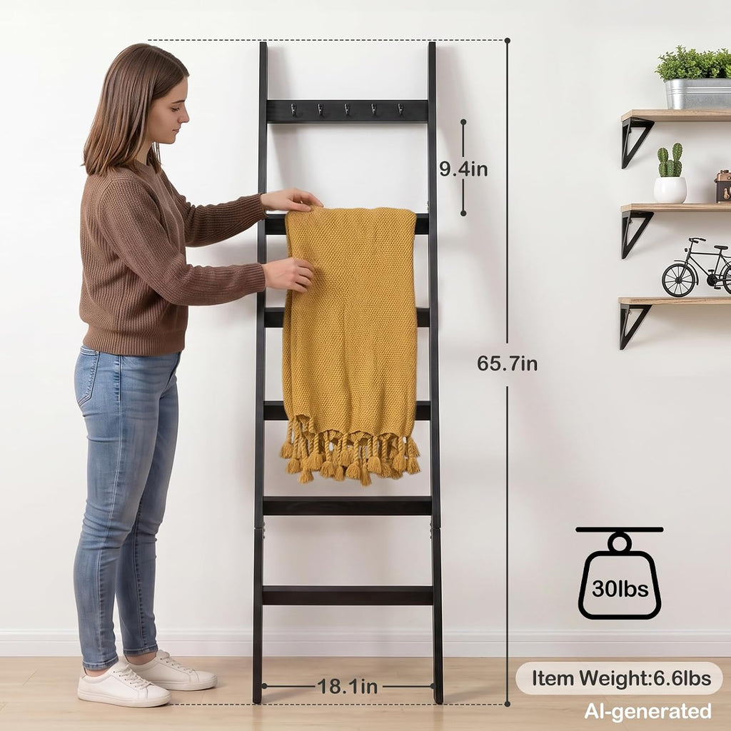 TEAKMAMA 6-Tier 5.4ft Blanket Ladder with Hooks Farmhouse Black | Wall Leaning Solid Wood Quilt Rack, Scratch & Slip Resistant, Living Room Bedroom Bathroom, Christmas Decor, Quick Setup