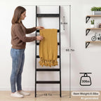 TEAKMAMA 6-Tier 5.4ft Blanket Ladder with Hooks Farmhouse Black | Wall Leaning Solid Wood Quilt Rack, Scratch & Slip Resistant, Living Room Bedroom Bathroom, Christmas Decor, Quick Setup