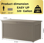 TARKARI 320 Gallon Lockable Resin Deck Box, Waterproof & UV-Resistant Outdoor Storage Box for Outdoor Cushion Storage, Garden Tools & Pool Accessories Storage, Gray