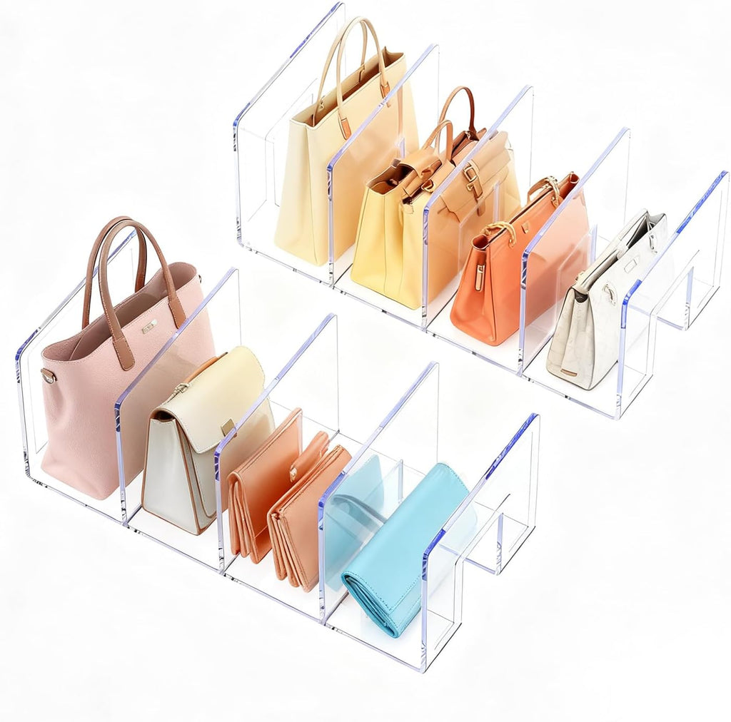 LUGUNU Clear Acrylic Purse Organizer - 4-Section Divider for Handbag Closet Storage - Durable Rack for Purses, Clutches More (Set of 2)