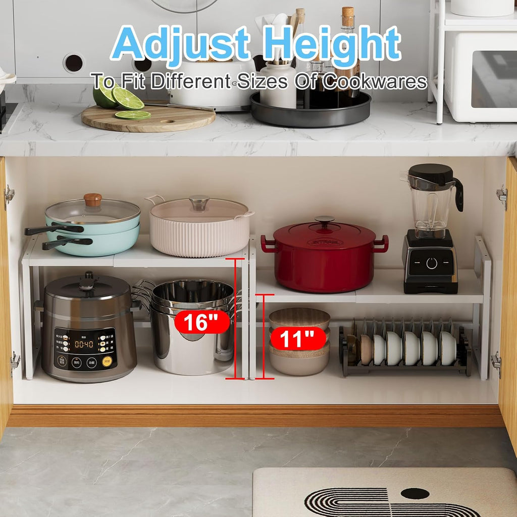 2 Pack Expandable Kitchen Storage Shelves,110LBS Heavy Duty Metal Shelving Unit and Storage for Pot Pans,Adjustable Stackble Small Storage Shelf Organizer for Kitchen Under Cabinet Pantry Garage,White