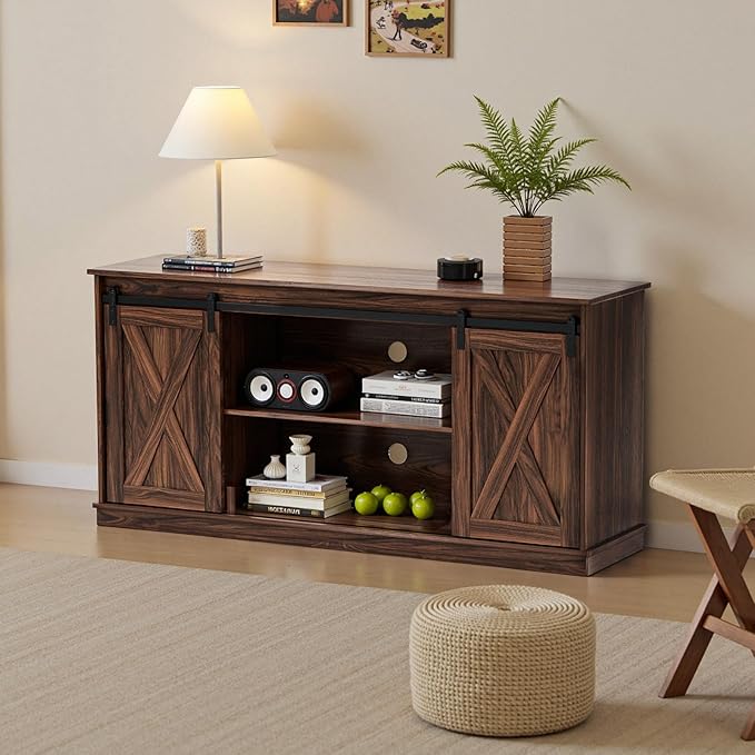 Sweetcrispy TV Stand for Televisions up to 65 Inch Farmhouse Entertainment Center with Storage Cabinets Sliding Barn Doors Modern Living Room Furniture Media Console Table for Bedroom, Brown