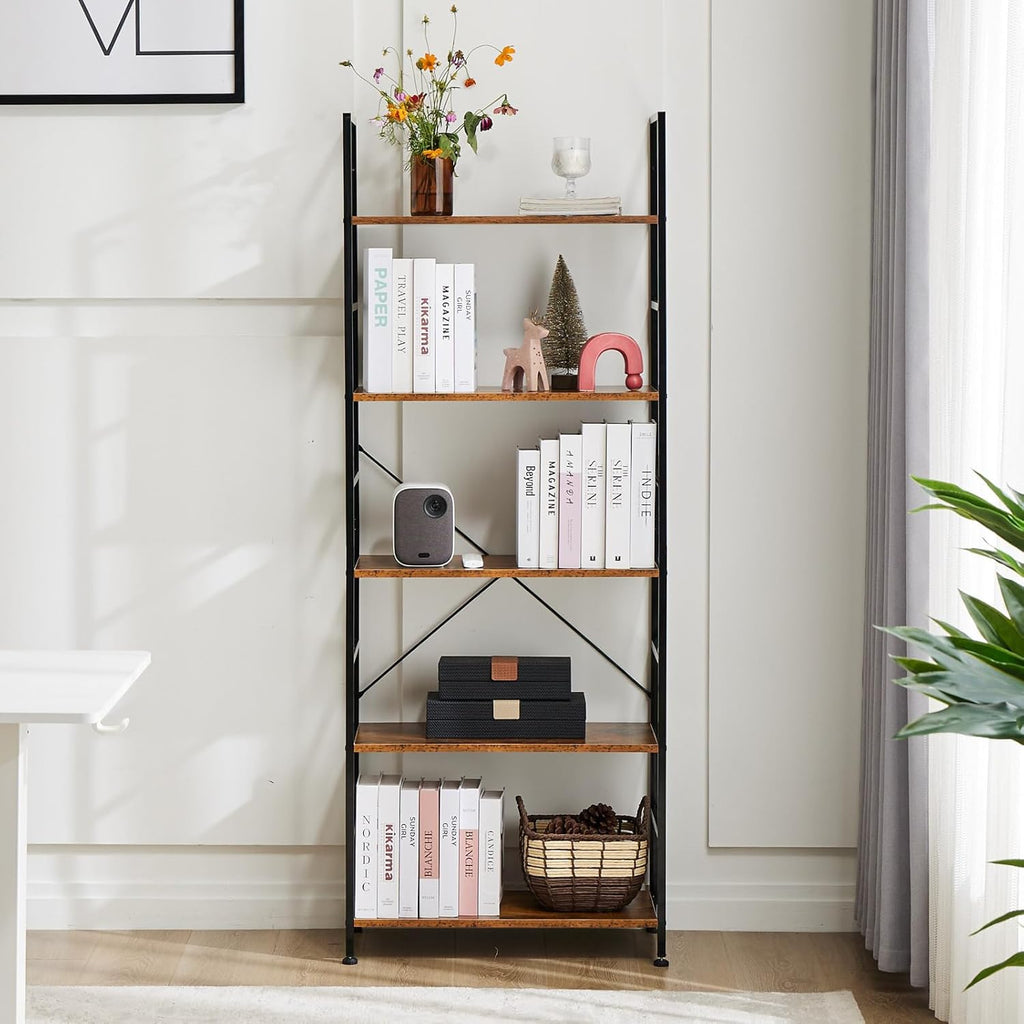 DUMOS 5 Tiers Bookshelf, Classical Modern Book Shelf, Tall Display Shelves in Living Room/Home/Office, Storage Organizer for CDs/Books/Movies, Rustic Brown