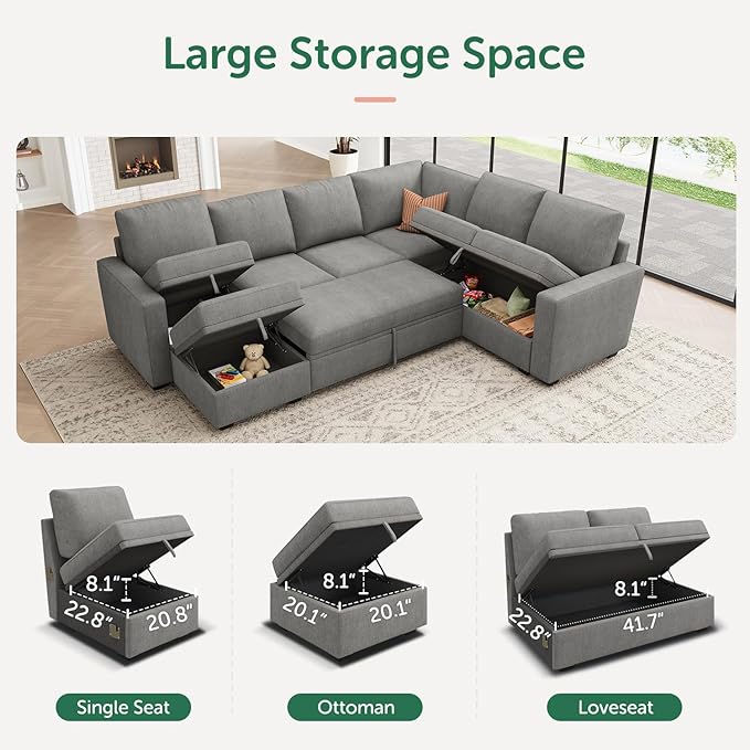 HONBAY Modular Sectional Sleeper Sofa with Pull Out Bed, Chenille Sectional Couch with Storage Seats Ottoman, U Shaped Couches for Living Room, Warm Grey