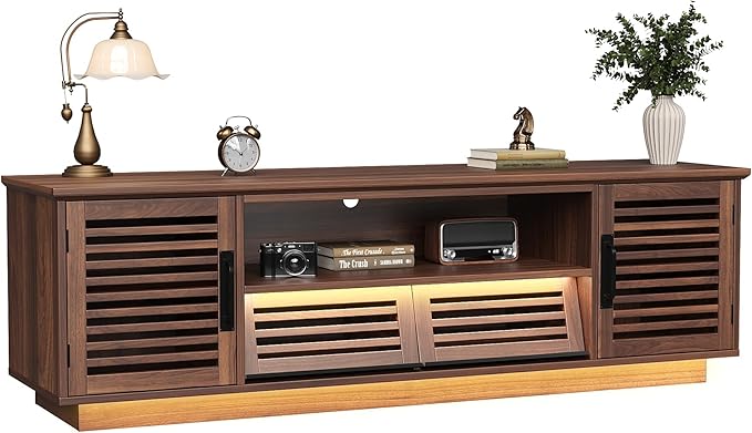 Maupvit Mid Century Modern TV Stand with LED Light for 50/55/60 inch TV, Retro Entertainment Center with Storage Cabinet & Slatted Doors & Grille Drawers, TV Media Console for Living Room, Bedroom