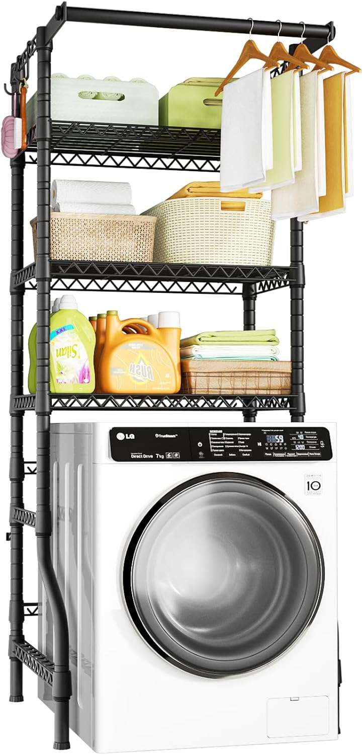 Ulif U11 Mini Over Washer and Dryer Shelves, 3 Tiers Laundry Room Storage and Organizer Standing Shelf, Metal Freestanding Clothes Drying Rack, 28.3”W x 19.7”D x 77.6”H, Black