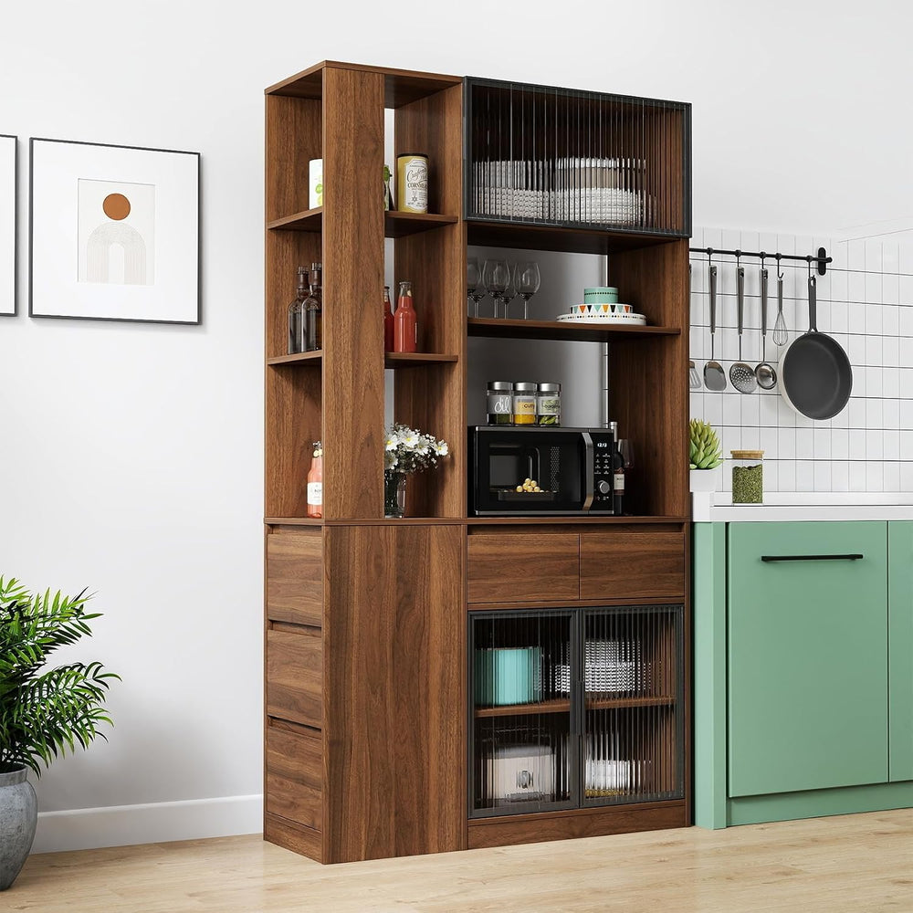 JOYSOURCE Tall Kitchen Hutch Cabinet with Side-Access Shelves & Drawer Fr...