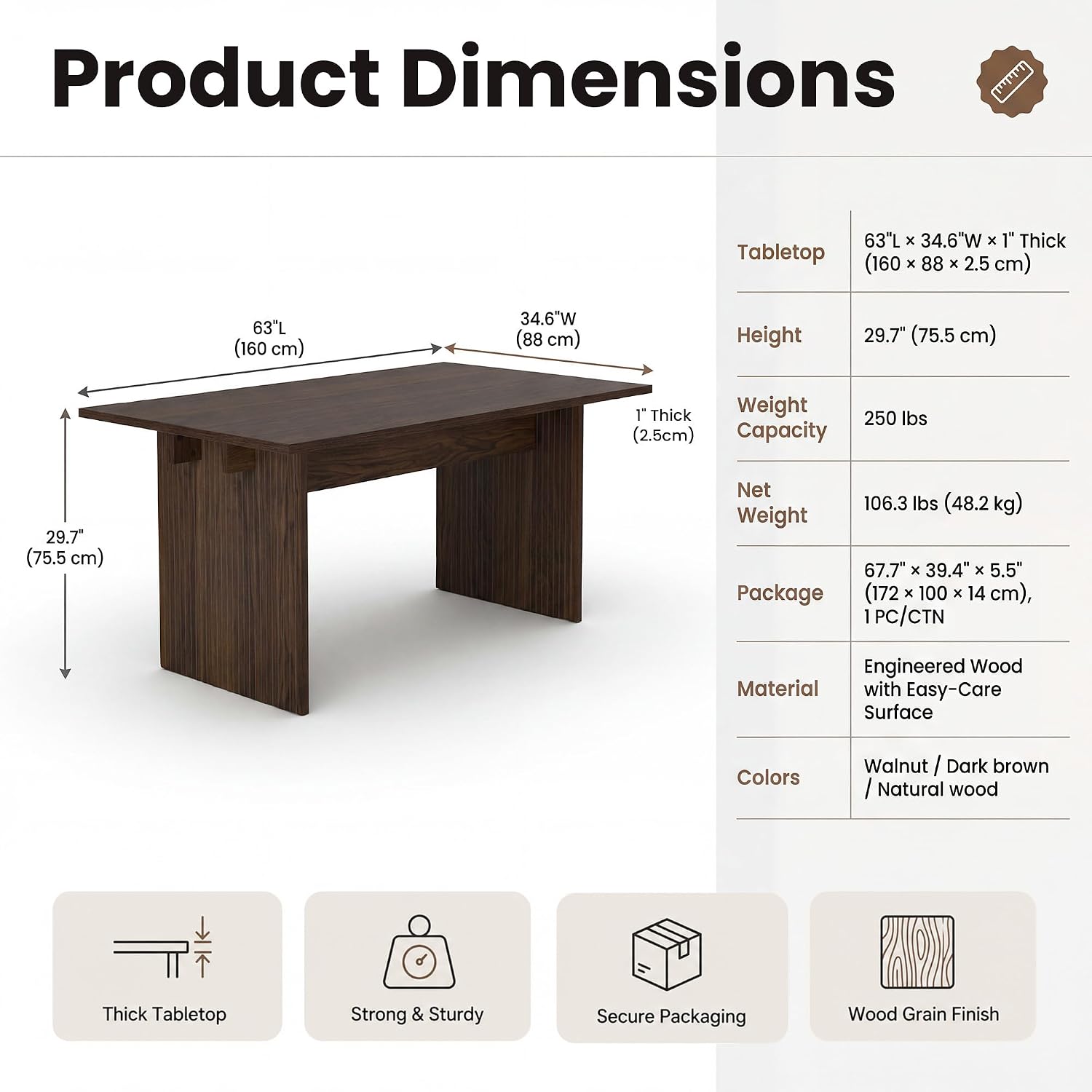 COLAMY 63 Inch Dining Room Table for 4 to 6, Modern Farmhouse Rectangular Kitchen Table with Easy-Care Melamine Surface, Stable Wooden Pedestal Dining Table, Multiple Color Options,Darkbrown