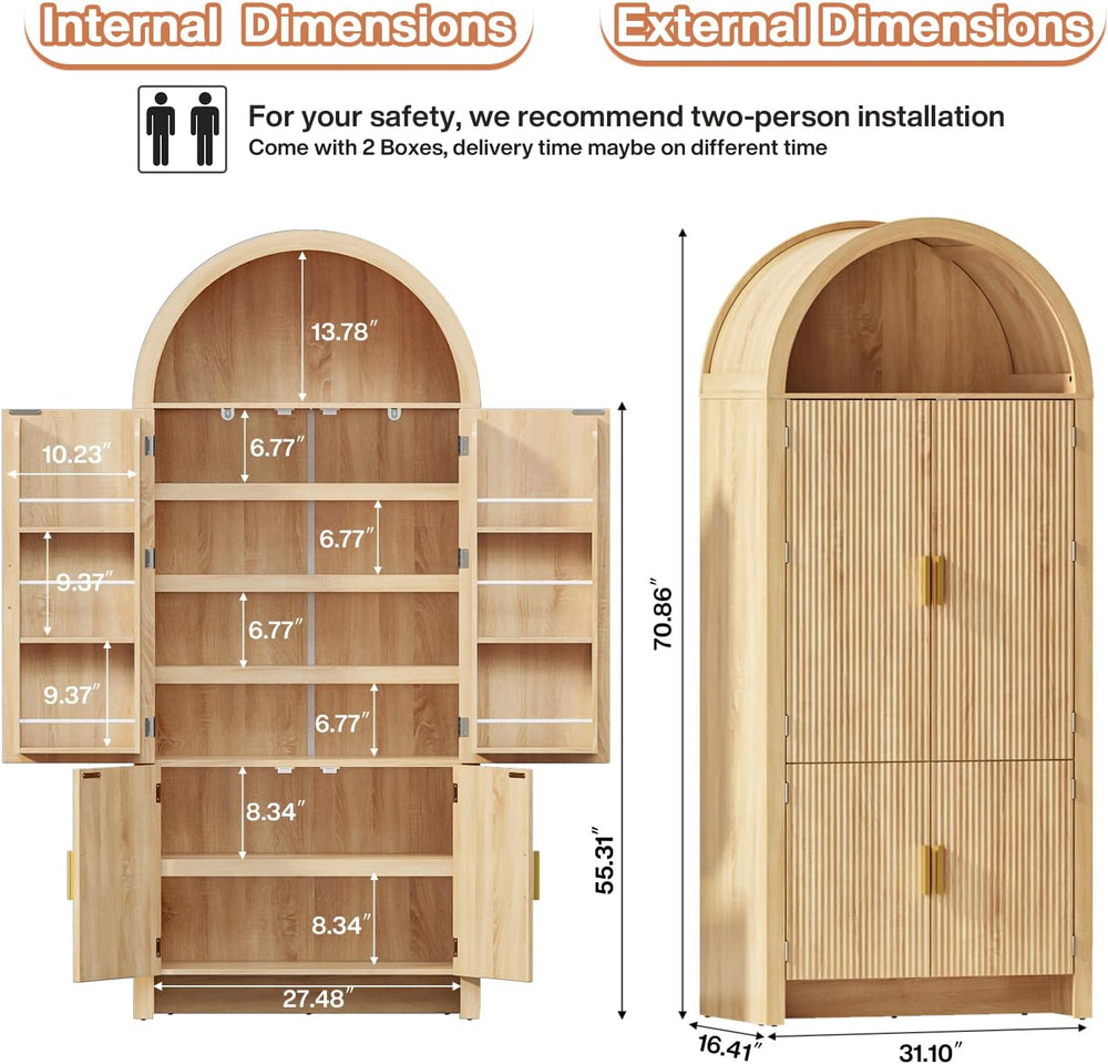 PRETZI Fluted Arched Cabinet with Doors, 71" Tall Kitchen Pantry Storage...