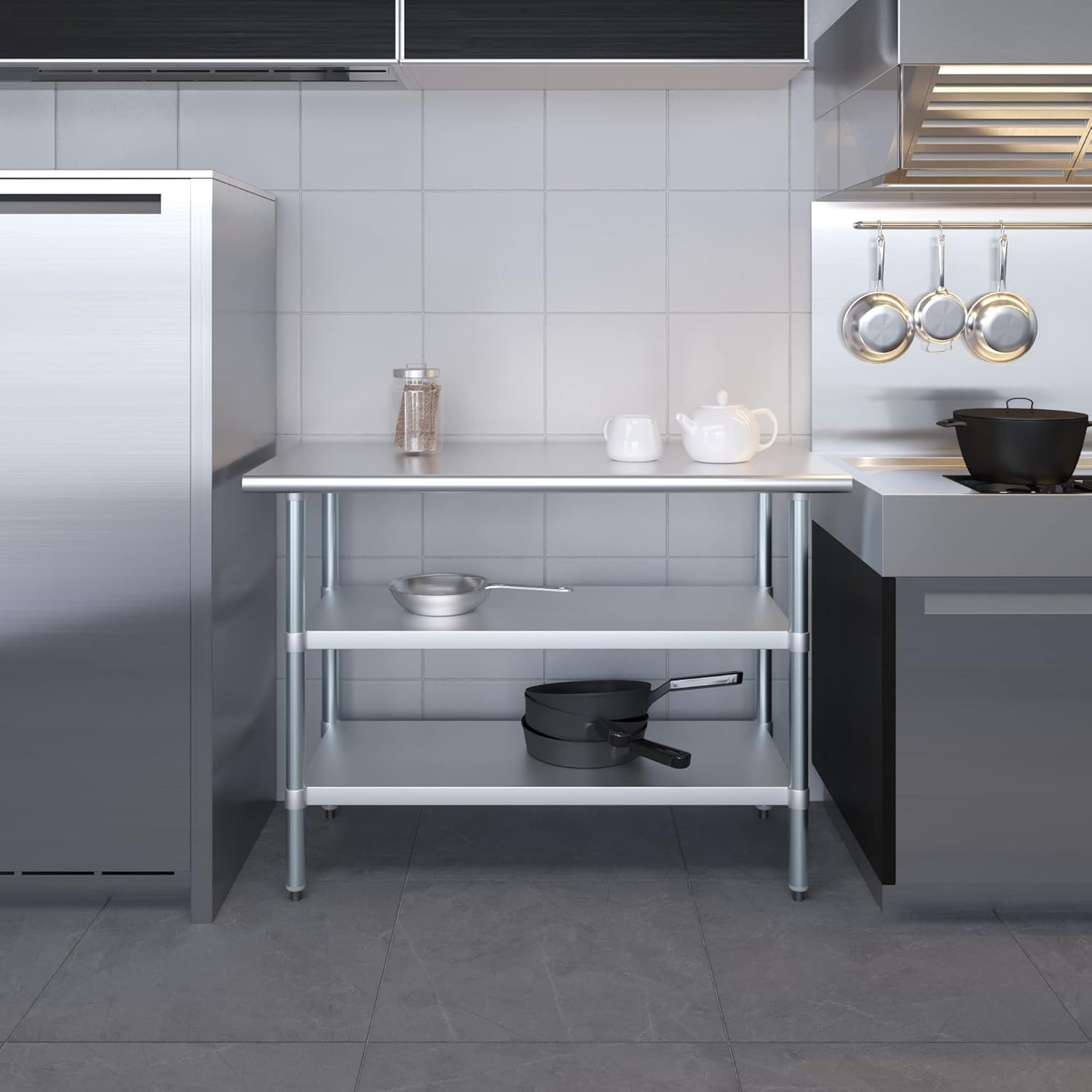 AmGood Stainless Steel Work Table with 2 Shelves | NSF | Metal Utility Table (48" Long x 24" Deep)