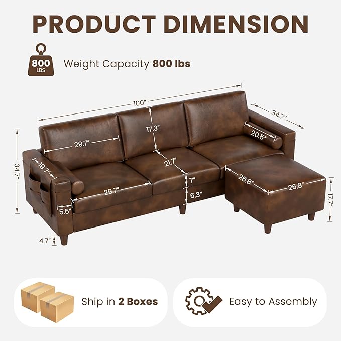 Vesgantti 100" L Shaped Faux Leather Couch with Movable Ottoman, 3 Seater PU Leather Sectional Sofa with Side Pocket, Mid Century Modern Modular Couch for Living Room, Bedroom, Chocolate