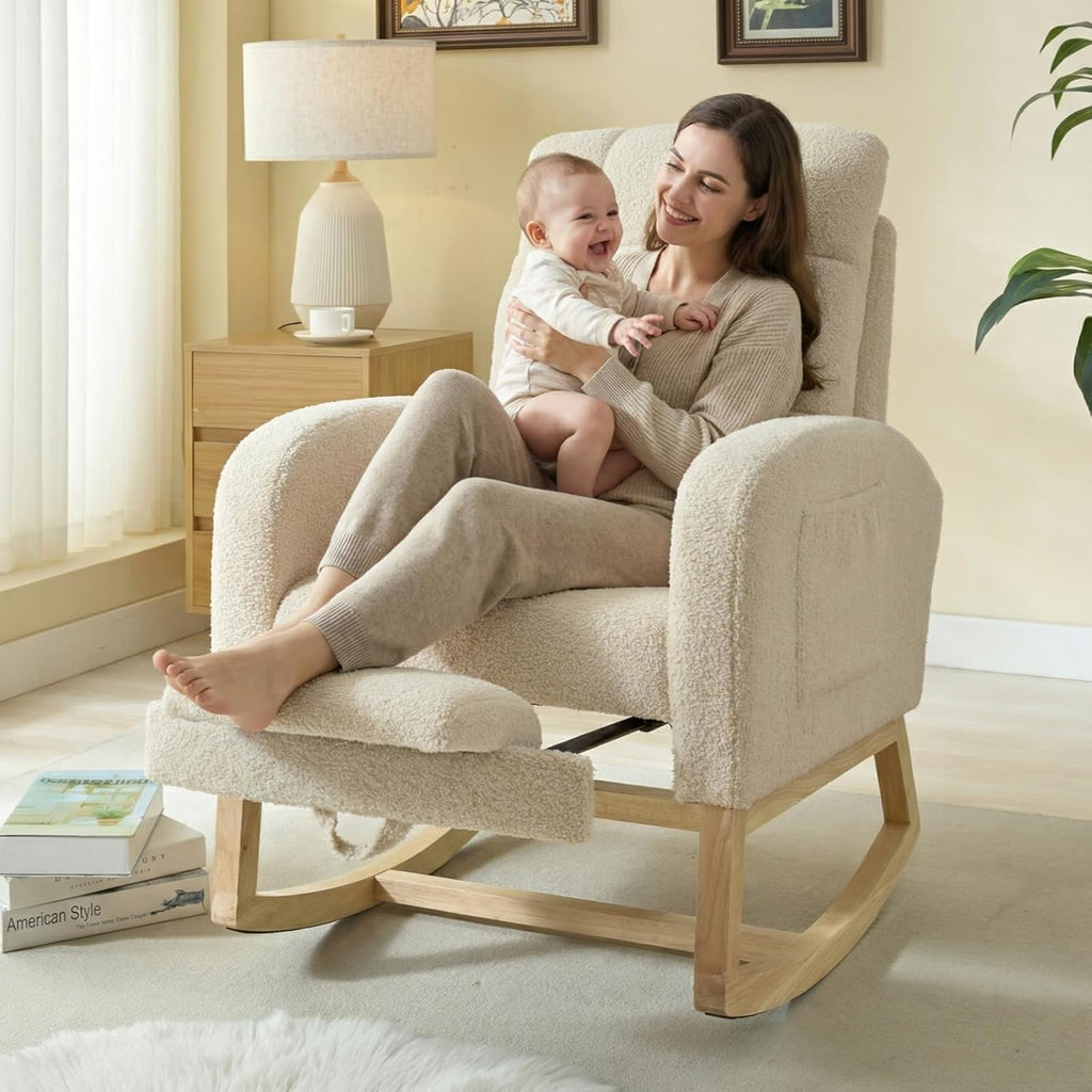 NIOIIKIT Modern Nursery Rocking Chair, Teddy Upholstered Rocking Chair with Footrest, Comfortable Rocker Recliner with Side Pocket, Rocker Glider for Living Room, Bedroom, Nursing Room (Beige)