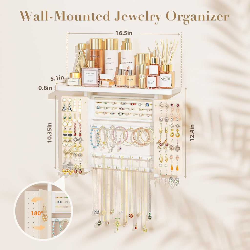 Emfogo Jewelry Organizer Hanging Wall Mounted Jewelry Holder, 5-in-1 Large Capacity Necklace Organizer Wall Hanging Jewelry Display for Ring, Necklaces, Bracelets, Earrings (White)