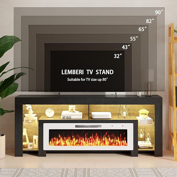 LEMBERI 80 inch Fireplace tv Stand with 50 inch White Fireplace Up to 90&quot...