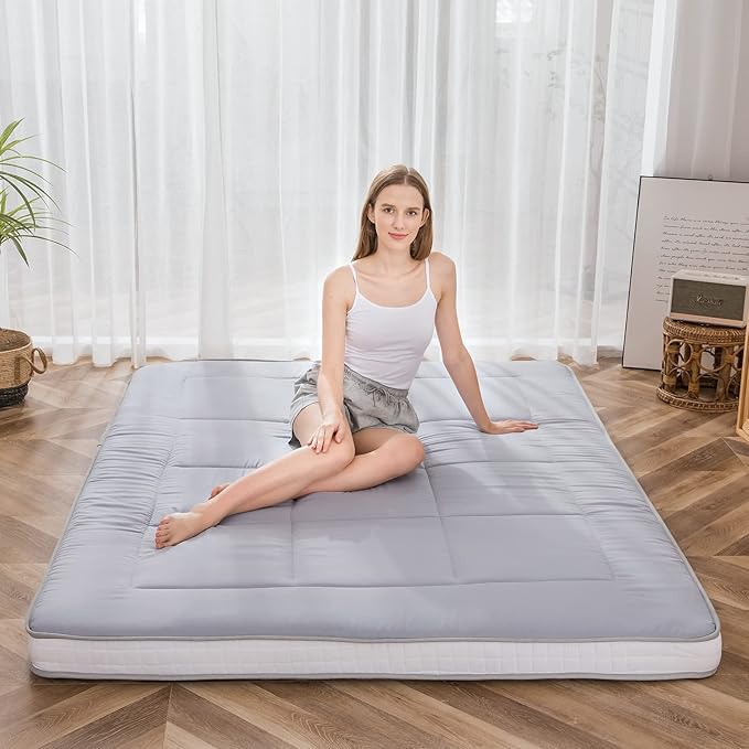 MAXYOYO Futon Mattress, Padded Japanese Floor Mattress Quilted Bed Mattress Topper, Extra Thick Folding Sleeping Pad Breathable Floor Lounger Guest Bed for Camping Couch, Grey, Full