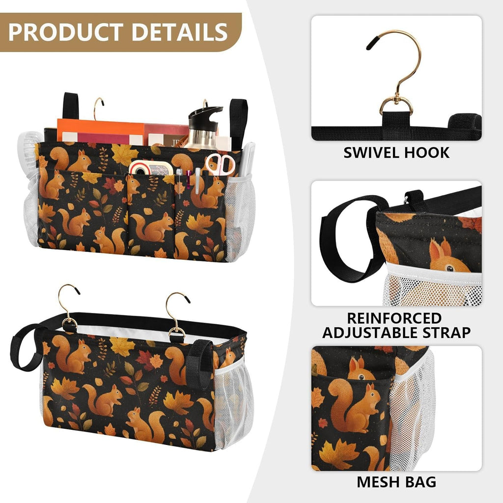 Black Orange Squirrel Leaves Falling Bedside Caddy for Dorm Bed Bedside Hanging Caddy Bag Iron Frame Storage Organizer Pocket for Bunk Home College Hospital Beds 2 Hooks