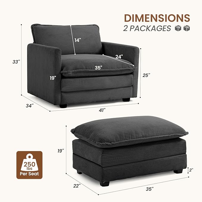 ROWHY Single Armchair with Ottoman, Modern Corduroy Cloud Couch with Converti...